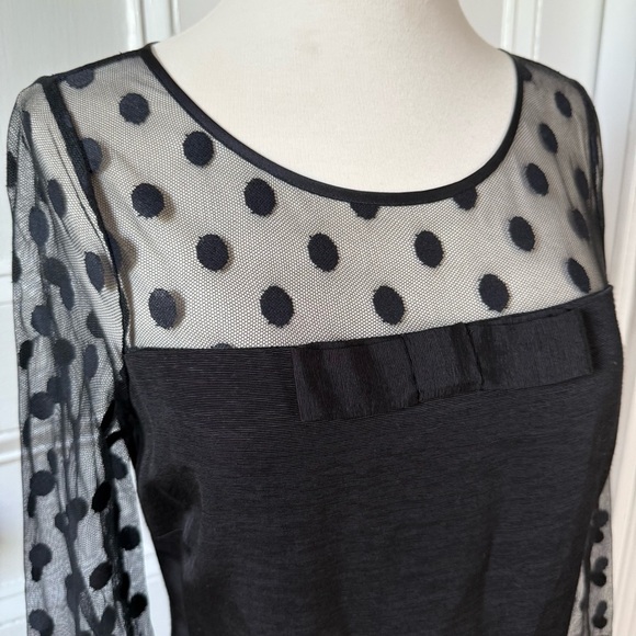 Boden Women’s Ponte Pencil Dress Polka Dot Sheer Mesh Sleeves Bow Black Size 4R - Picture 2 of 13